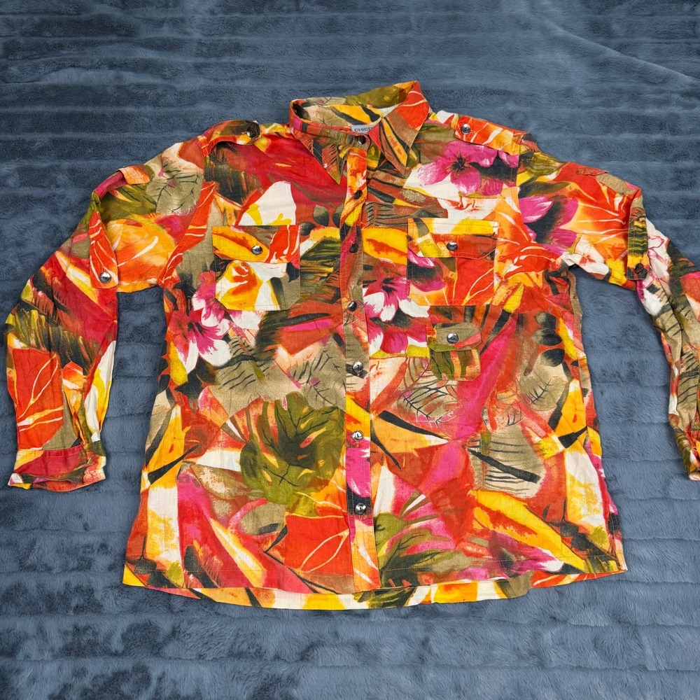 Chicos Tropical Floral Cotton Utility Shirt Orange Red Size 2 Large Button Down